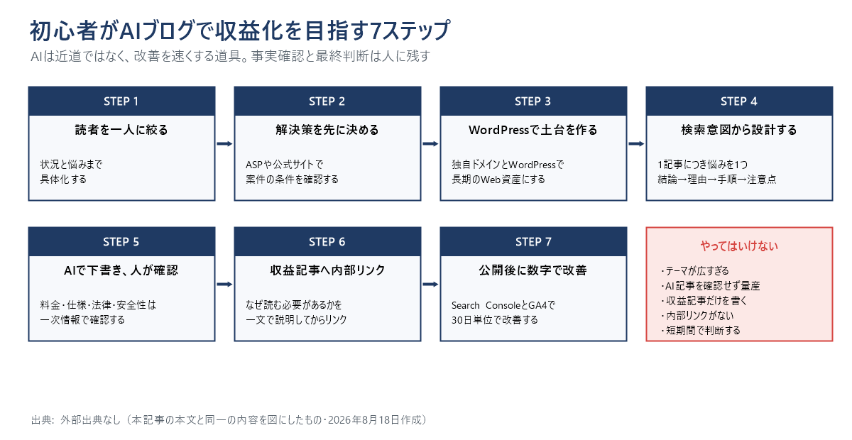 収益化を目指す7ステップの流れ図。1読者を一人に絞る、2解決策を先に決める、3WordPressで土台を作る、4検索意図から設計する、5AIで下書きし人が確認、6収益記事へ内部リンク、7公開後に数字で改善。右下に、やってはいけない5つ(テーマが広すぎる、AI記事を確認せず量産、収益記事だけを書く、内部リンクがない、短期間で判断する)を掲載。