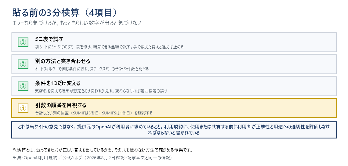 貼る前の3分検算チェックリスト。①ミニ表で試す(別シートに3〜5行のダミー表を作り、暗算できる金額で試す)②別の方法と突き合わせる(オートフィルターで絞り、ステータスバーの合計や件数と比べる)③条件を1つだけ変える(変わらなければ範囲指定の誤り)④引数の順番を目視する(合計したい列の位置。SUMIFは3番目、SUMIFSは1番目)。