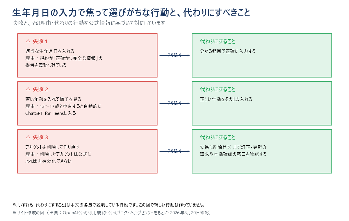 生年月日の入力でやってしまいがちな失敗と、代わりにすべきことを対比した図。失敗1、適当な生年月日を入れる。理由、規約が正確かつ完全な情報の提供を義務づけている。代わりにすること、分かる範囲で正確に入力する。失敗2、若い年齢を入れて様子を見る。理由、13〜17歳と申告すると自動的にChatGPT for Teensに入る。代わりにすること、正しい年齢をそのまま入れる。失敗3、アカウントを削除して作り直す。理由、削除したアカウントは公式によれば再有効化できない。代わりにすること、安易に削除せず、まず訂正・更新の請求や年齢確認の窓口を確認する。