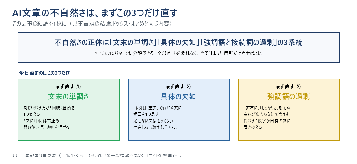 AI文章の不自然さの結論を1枚にまとめた図。正体は文末の単調さ・具体の欠如・強調語と接続詞の過剰の3系統で、まずこの3つだけ直せばよい。症状は10パターンに分解でき、当てはまった箇所だけ直す。