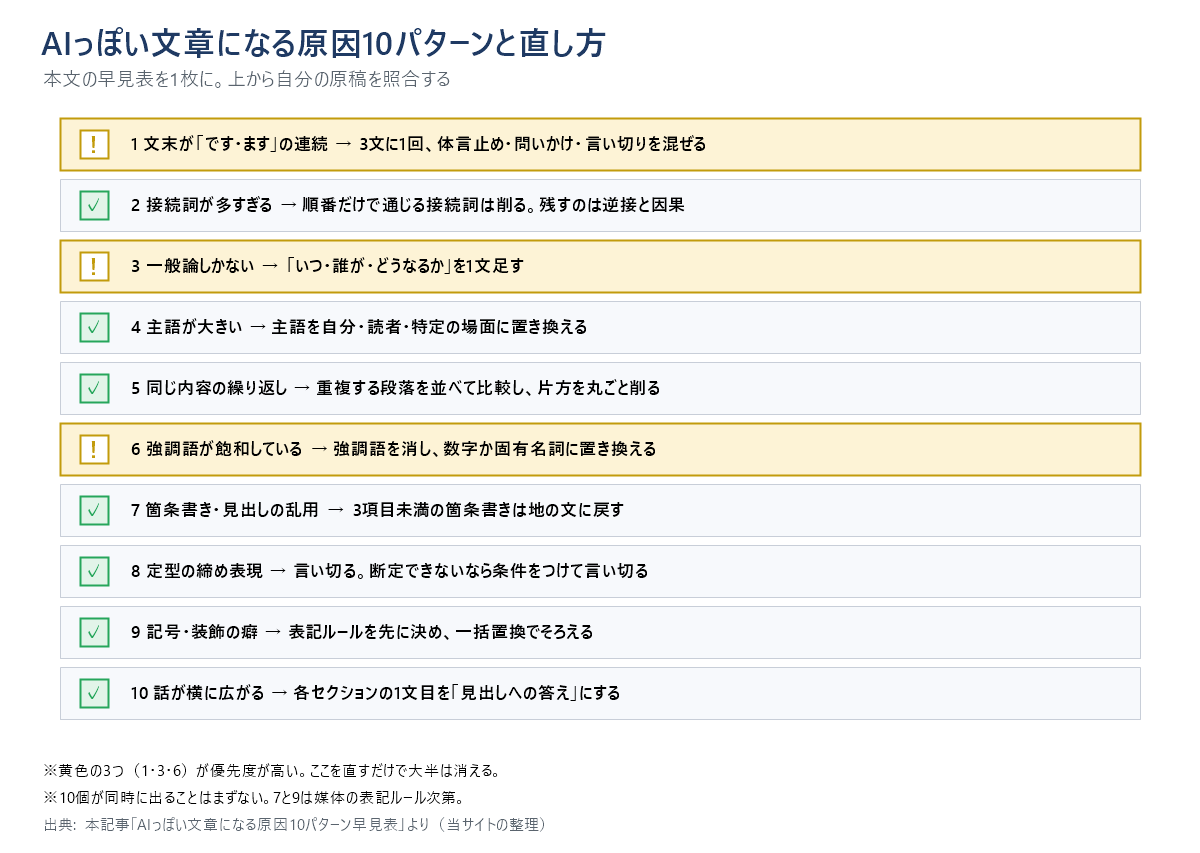 AIっぽい文章になる原因10パターンと直し方のチェックリスト図。文末の連続、接続詞過多、一般論、主語が大きい、繰り返し、強調語の飽和、箇条書きの乱用、定型の締め、記号の癖、話が横に広がる、の10項目。1・3・6が優先度が高い。