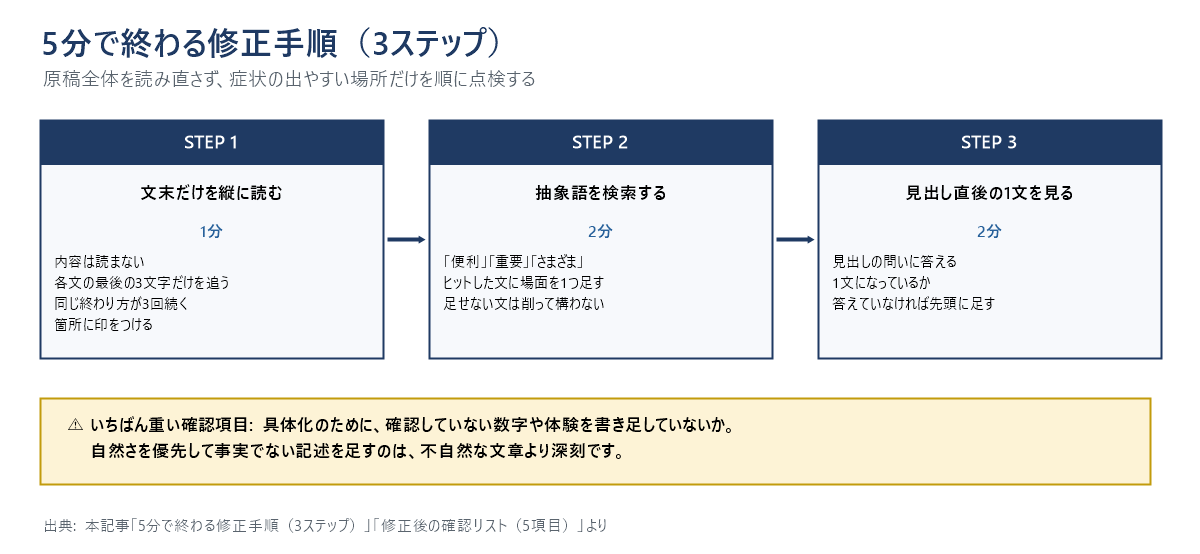 5分で終わる修正手順の3ステップ図。STEP1は文末だけを縦に読む1分、STEP2は「便利」「重要」「さまざま」を検索する2分、STEP3は見出し直後の1文を確認する2分。確認していない数字や体験を書き足さないことが最も重要。
